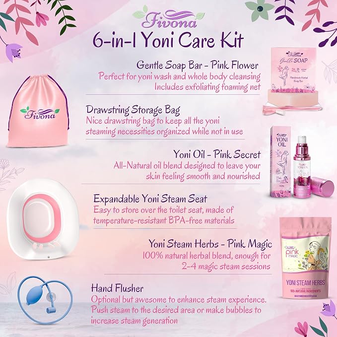 Fivona 6-in-1 Yoni Steam Kit for Women, Steaming Herbs Pink Magic, Expandable V Steam Seat, Yoni Oil, Gentle Soap, Hand Pump, Storage Bag - Cleansing, Moisturizing, pH Balance, Natural Yoni Detox