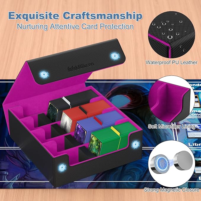 Mlikero Card Deck Case, 2400+ Trading Card Storage Box with 10 Colorful Dividers and 4 Foam Stoppers, Leather Magnetic Closure Commander Deck Box Fit for MTG, TCG (4 Rows, Black&Purple)