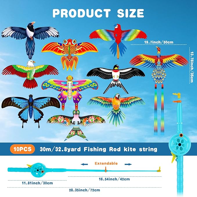 VioraWhite 10 Pcs Fishing Rod Kite for Kids, Vivid Butterfly Swallow Parrot, Easy to Fly, Swallows, Bald Eagles, Magpies Kites for Family Adults Spring Outdoor Beach