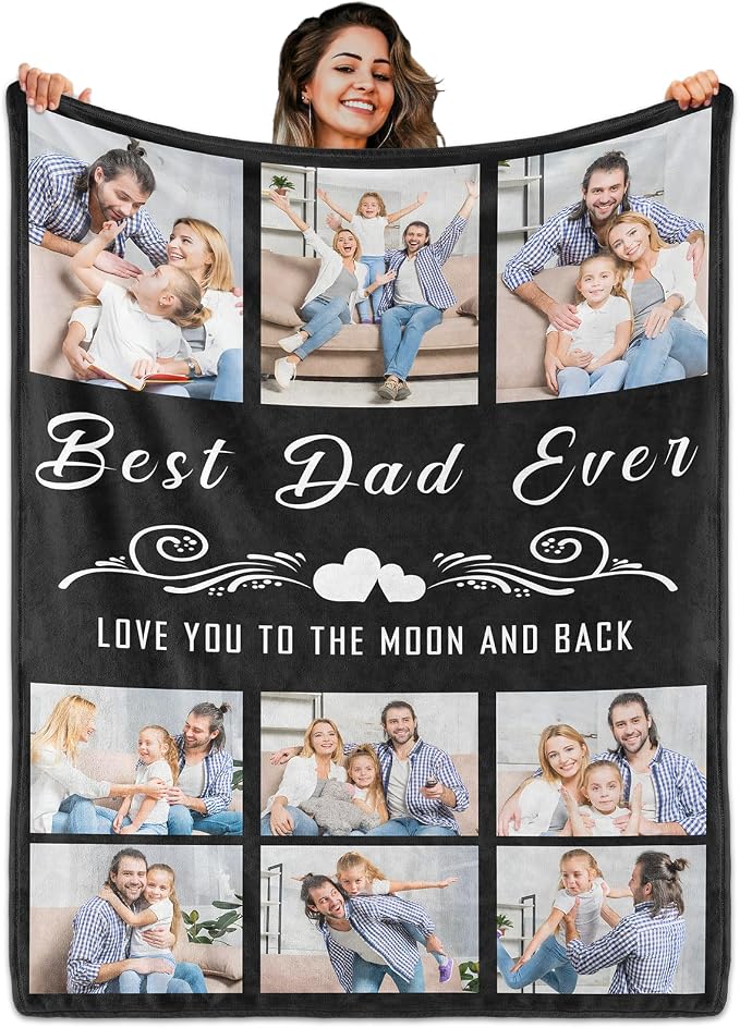 Fathers Day Birthday Gift for Dad Custom Blanket with 9 Photo & Text, Personalized Blankets with Picture to My Dad, HD Printing Customized Flannel Throw Blanket Gifts for Best Daddy Grandpa Ever
