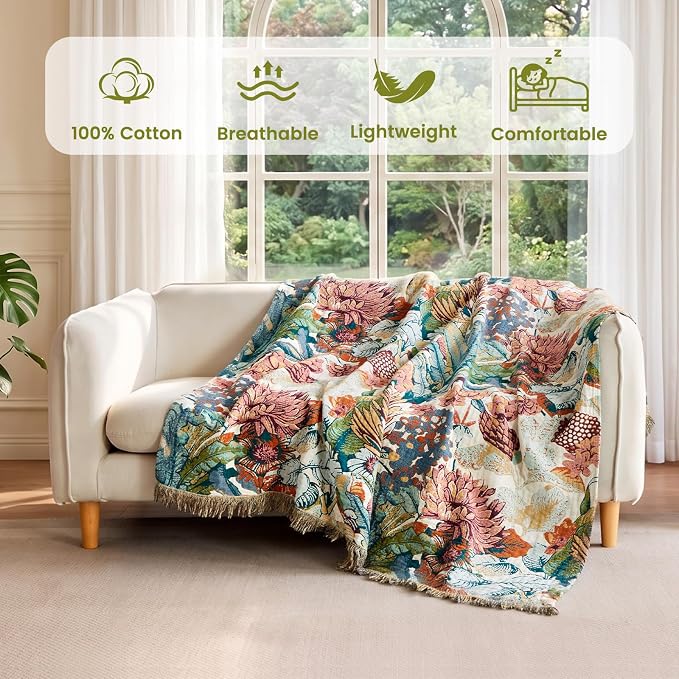 MSGKV Boho Throw Blanket 60"x80" 100% Cotton Blanket for Couch Bed Decor | 100% Cotton Throw, Muslin Blanket, Summer Breathable, Lightweight Comfort, Farmhouse Home Decor, Machine Washable