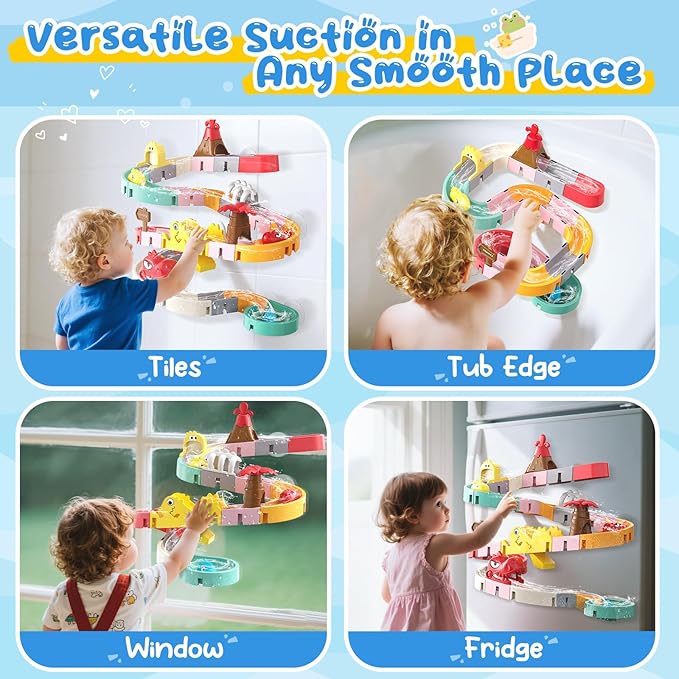 Dinosaur Bath Toys with Track & Fishing Rod – 47PCS Wall Suction Slide Playset for Toddlers, DIY Water Race Track with 6 Dino Toys, Bathtub Fun Gift for Kids Boys Girls Age 3+