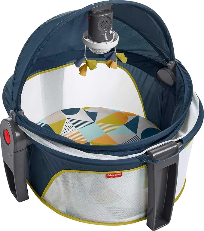 Fisher-Price Portable Baby Bassinet and Play Space Deluxe On-the-Go Projection Dome with Lights Music and Canopy, Cool Hues