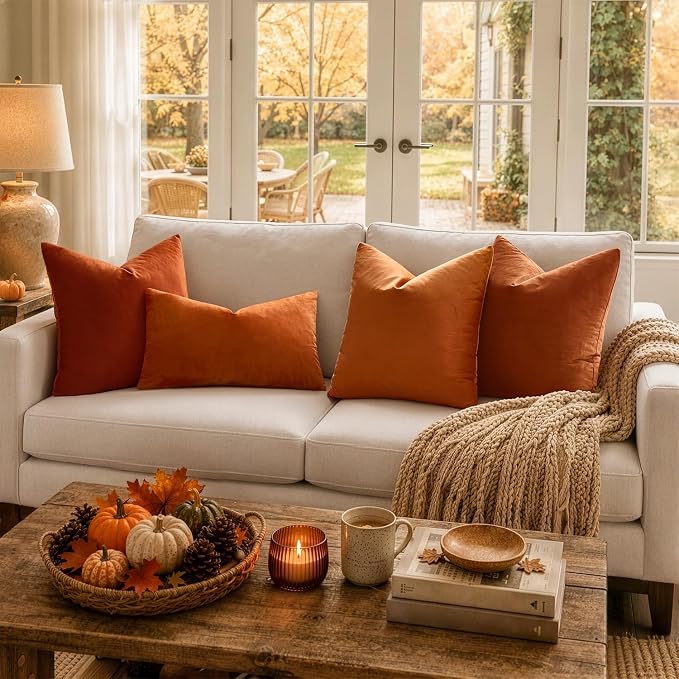 MIULEE Velvet Fall Throw Pillow Covers 14x14 Inch Pack of 2 Orange | Soft Solid Small Decorative Pillow Covers, Modern Luxury Home Decor, for Couch Chair Sofa Bedroom Livingroom Car