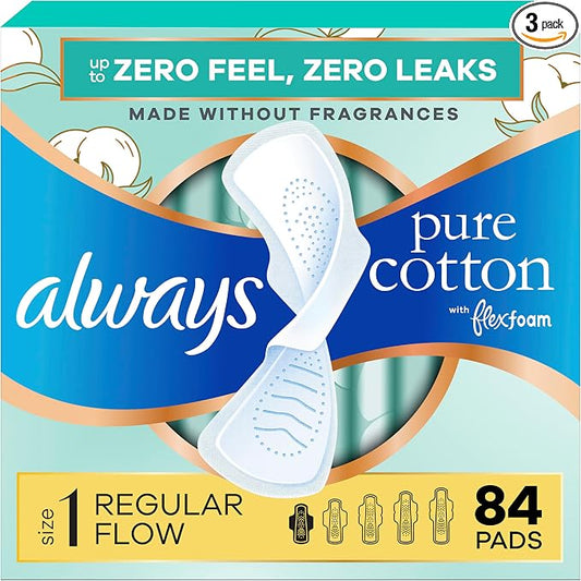 Always Pure Cotton Feminine Pads for Women, FlexFoam Pads with Wings, Size 1, Regular Absorbency, Unscented, 84 Count (3 Packs of 28)