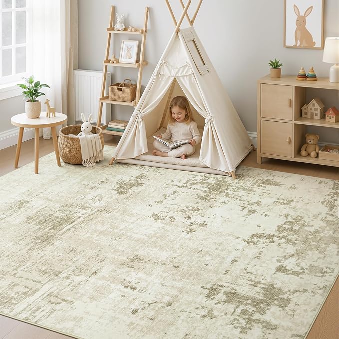 Rugflix 5x7 Area Rugs for Living Room, Washable Linen Beige Large Rug | Machine Washable; Stain-Resistant; Low Pile; Non-Slip; Modern Abstract; Carpet for Bedroom Dining Office Nursery Home