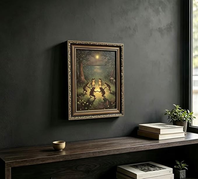 Vintage Gold Framed Frog Wall Art,Frogs Dancing in Moonlight Forest Painting Canvas Prints,Whimsical Animal Wall Decor,Retro Country Toad Poster Artwork for Corridor Living room Bedroom Kitchen