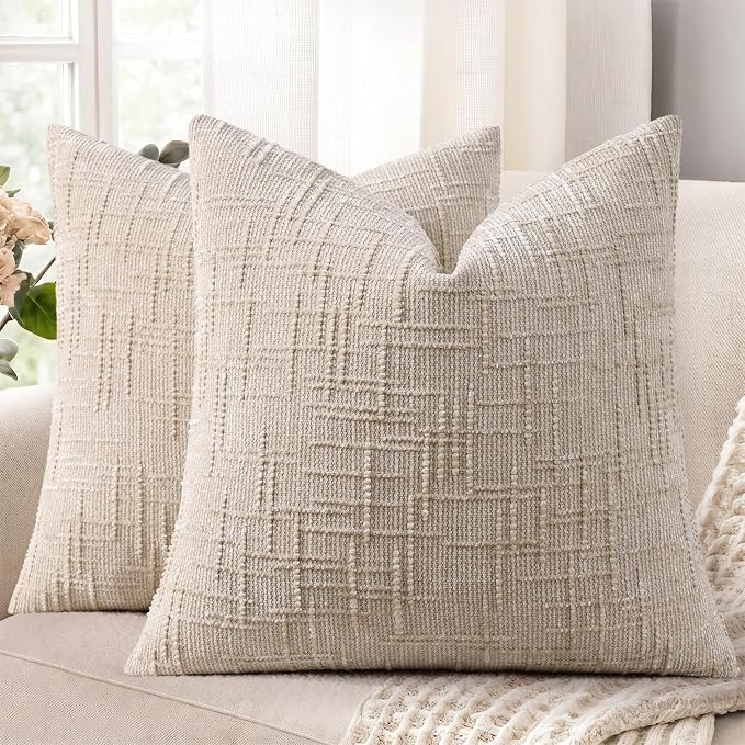 decorUhome Textured Chenille Throw Pillow Covers 18x18 Set of 2 Ivory | Fall Modern Farmhouse Soft Cozy Slubby Couch Pillow Cases Boho Decorative Pillow Cases for Bed Sofa Living Room Home Decor