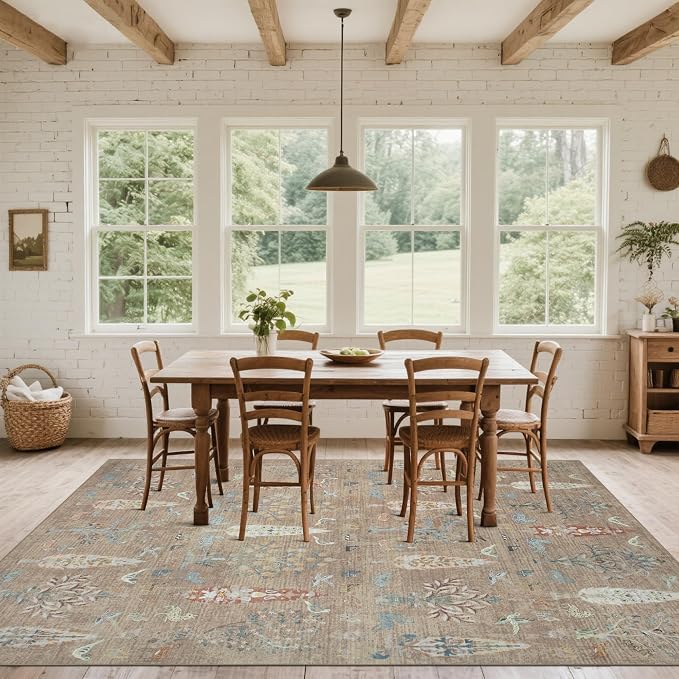 Srugn Washable Rugs 8x10 Area Rugs for Living Room,Bedroom,Dining Room-Large Ultra Soft Faux Wool Retro Carpet,Non Slip&Non-Shedding Low Pile Vintage Print Rug for Home Office Dorm Playroom-Terracotta