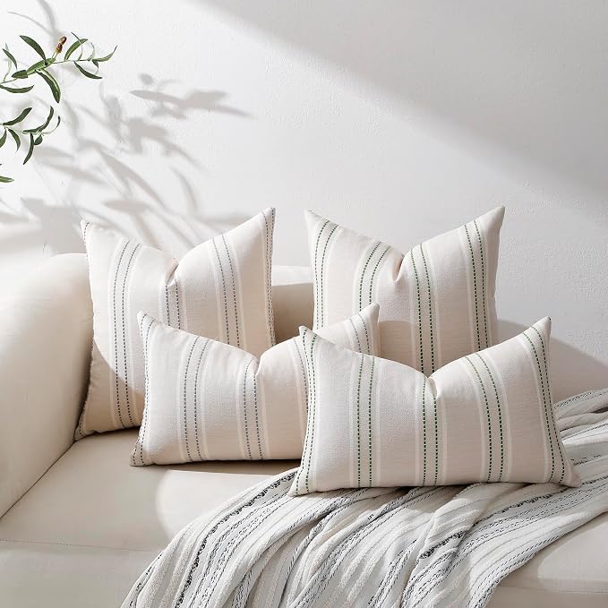 Hckot Grey Decorative Throw Pillow Covers 22x22 Set of 2 Boho Pillow Covers | Striped Farmhouse Pillows Textured Linen Square Cushion Covers for Sofa Couch Bed Living Room Decor(Light Grey)