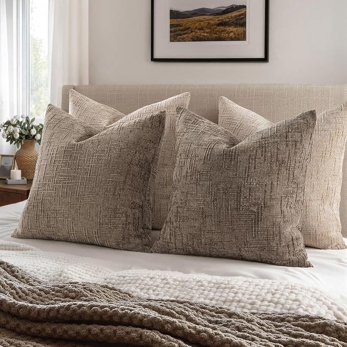 MIULEE Chenille Textured Euro Pillow Covers Taupe Grey 22x22 Set of 2 | Slubby Decorative Throw Pillows, Fall Boho Farmhouse Decor, Modern Neutral Cushion Covers for Couch Sofa Bed Living Room