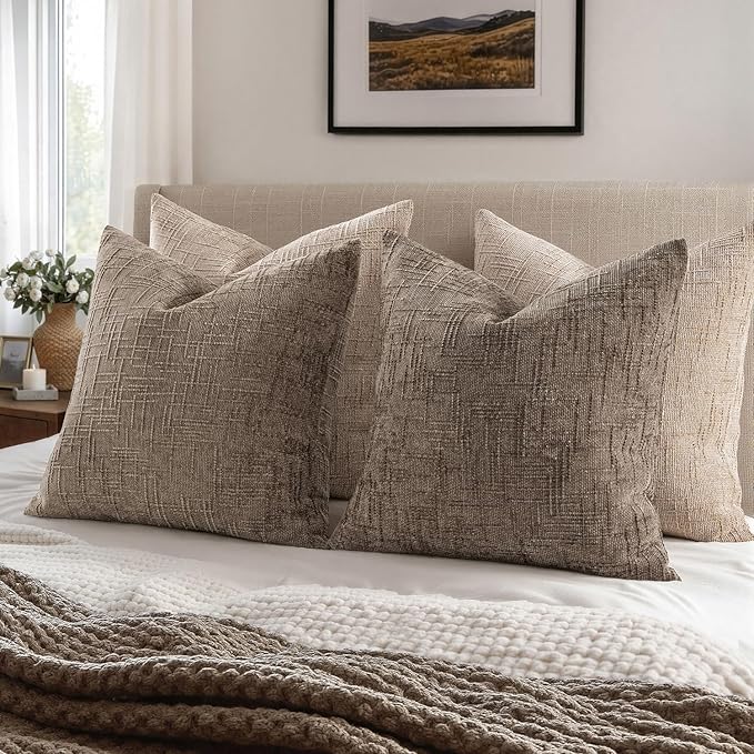 MIULEE Chenille Textured Throw Pillow Covers Taupe Grey 16x16 Set of 2 | Slubby Decorative Pillows, Fall Boho Farmhouse Home Decor, Modern Neutral Cushion Covers for Couch Sofa Bed Living Room
