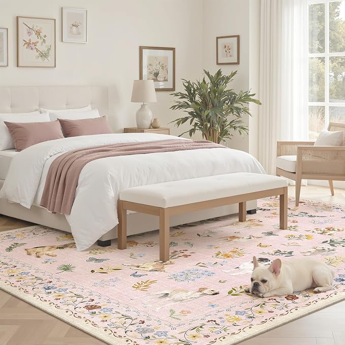 Soalmost Dog 6x9 Pink Area Rugs for Baby Girl Nursery, Washable Soft Rug | Floral Vintage Non-Slip Low Pile Cute Throw Rugs for Living Room Kitchen Dining Room Bedroom Nursery Playroom 5' x 7'