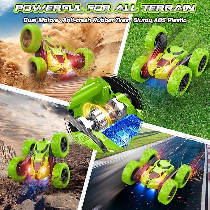 cosone Remote Control Car - RC Car Toys for Boys - 4WD 2.4Ghz Double Sided 360° Rotating RC Cars, Birthday Gifts for Kids Age 6 7 8-12 for Boys and Girls- Green