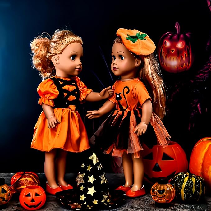 2 Sets Halloween Doll Clothes 18 Inches Girl Doll Halloween Dresses Outfits Shoes Set with Cat and Witch Pattern Costume Tutu Dress Accessories Fits for Most 18 Inches Girl Dolls