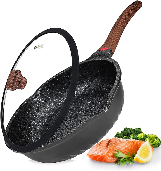 Vinchef Nonstick Deep Frying Pan Saute Pan with Lid, 12in/5.5Qt Fry Pan, German 3C+ Ceramic Coating Technology, Heat Indicator, Induction Compatible | Black German 3C+ toxin-free ceramic PFOA-free. Induction/gas compatible. Heat indicator handle. Light...