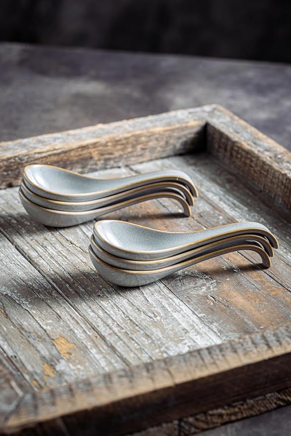 LYEOBOH Ceramic Asian Soup Spoons Set of 6, Ramen Spoons with Long Handle | Japanese Ramen Spoons with Deep Hook Design for Miso Rice, Chinese Soup Spoons for Kitchen, Dishwasher Microwave Safe, Gray