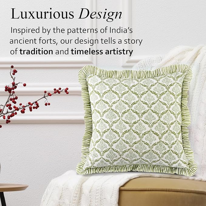CPC Fern Regal Hand Block Print 100% Cotton Ruffle Throw Pillow Cover 24x24 inch with Hidden Zipper Decorative for Couch, Bed, Sofa, Farmhouse, Cottagecore Decor Gift Christmas Fall Thanksgiving