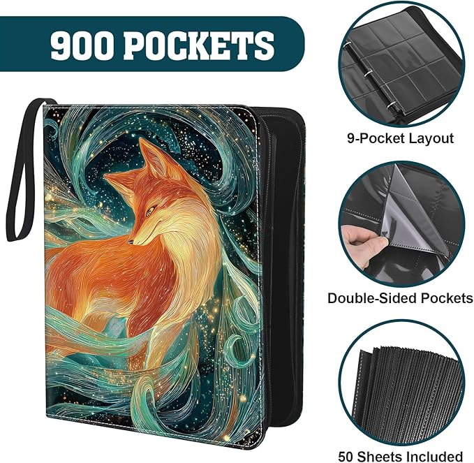 Trading Card Binder 9 Pocket, 900-Pocket Zippered 3-Ring Card Binder with 50 Double-Sided Pages, Fits 2.5" x 3.5" Cards, Acid-Free PVC-Free, Water-Resistant PU Cover, Wrist Strap, Fox Design