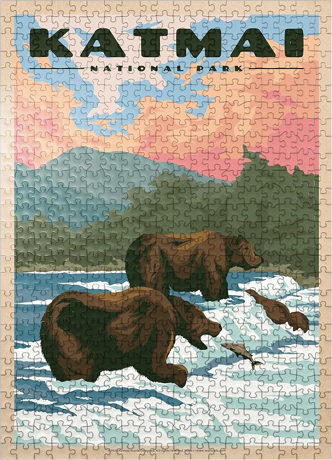 MyPuzzle Katmai National Park - Fishing Bears at Brooks Falls, Vintage Travel Poster - Premium 500 Piece Jigsaw Puzzle for Adults