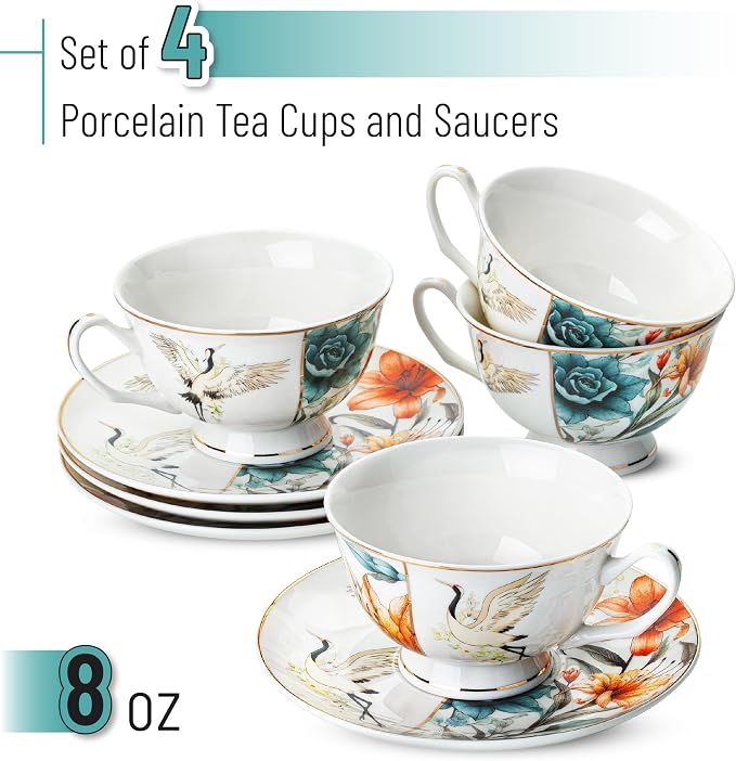 BTaT- Floral Tea Cups and Saucers Set of 4 (8 oz), Porcelain Tea Cup Sets with Gold Trim, Dishwasher & Freezer Safe