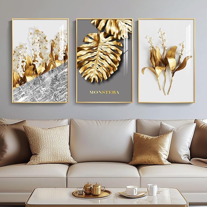 Framed Modern Luxury Gold Wall Art, Set of 3 Piece Contemporary Paintings Artwork for Walls, Golden Leaf Prints with Gold Frame, Pictures for Living Room, Hallway, Bedroom, Office Wall Decor 16x24 Inch