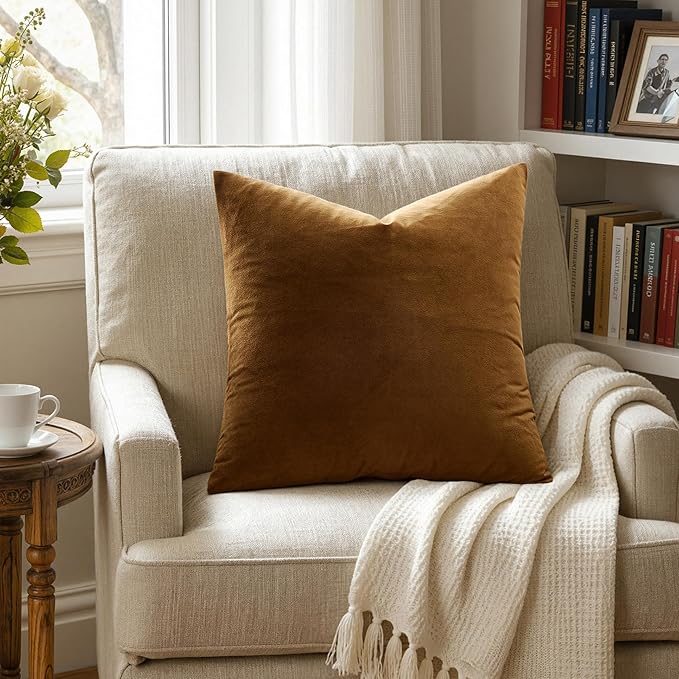 MIULEE Velvet Throw Pillow Covers 20x20 Inch Pack of 2 Golden Brown | Soft Solid Decorative Pillow Covers, Modern Luxury Home Decor, for Couch Chair Sofa Bedroom Livingroom