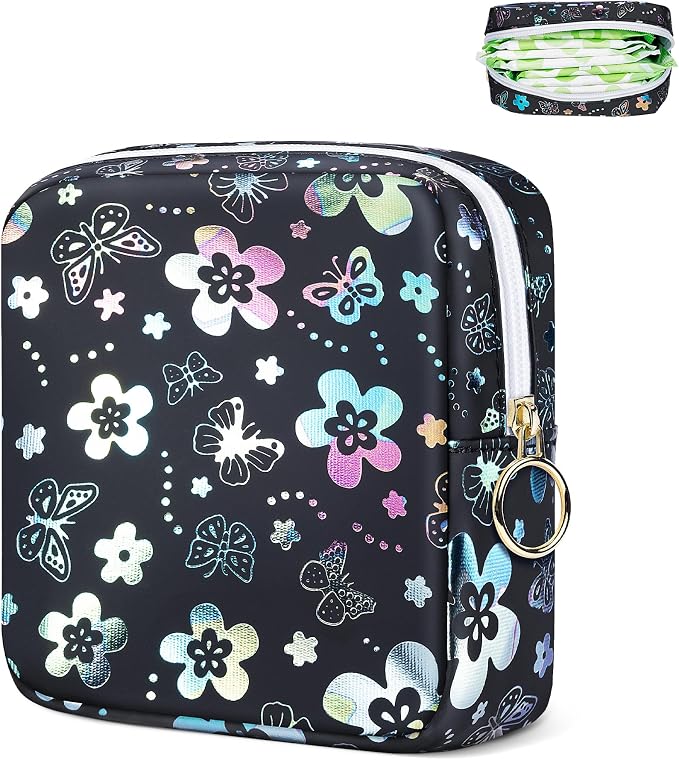 Likesing Period Bag Pouch, Leather Sanitary Napkin Storage Bag for Girls Womens, Portable Sanitary Napkin Period Pad Pouch Bag for Purse, Small Make Up Bags(Flower Butterflies)
