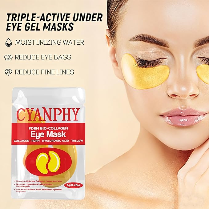 CYANPHY Under Eye Gel Masks with PDRN, Tallow, Collagen, Hyaluronic Acid, Peptides, 24k Gold Cooling Eye Patches for Dark Circles, Puffiness, Fine Lines Eye Mask Birthday Gift (24 Pairs)