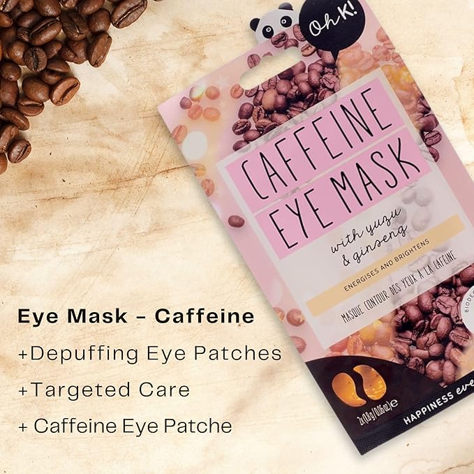 Oh K! Eye Mask - Caffeine - Hydrating Under Eye Patches for Dark Circles - Hydrogel Mask with Yuzu, Ginseng - Undereye Patches for Puffiness - 1 Pair (Pack of 2)