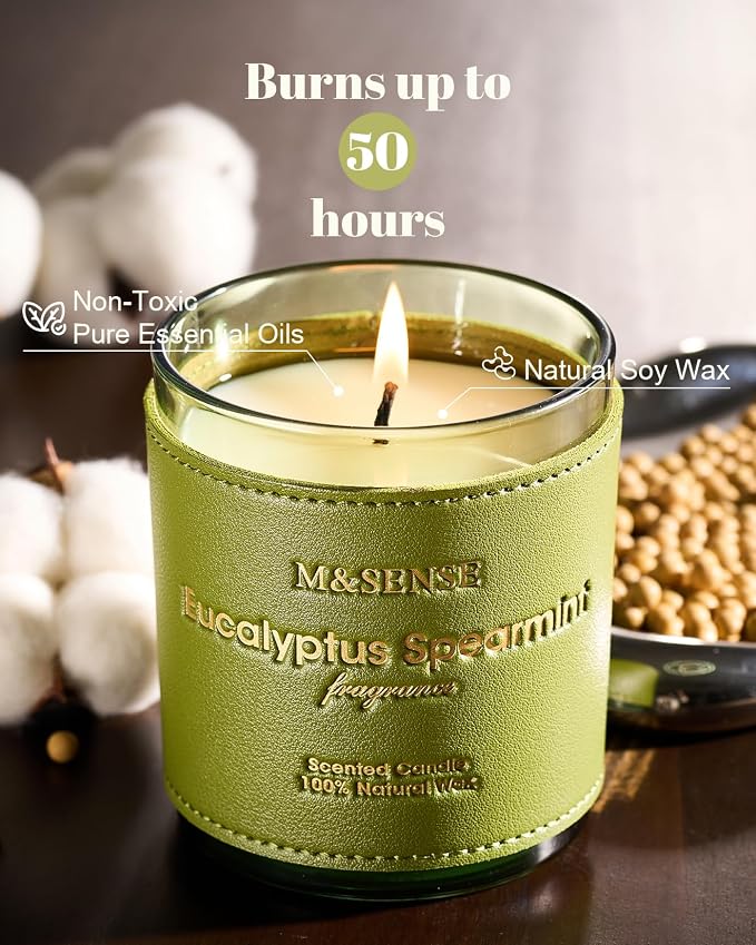 M&SENSE Eucalyptus Mint Vegan Soy Candles, 10oz | 42-Hour Long Burning, Summer Home Fragrance, Stress Relief Calming Meditation, Housewarming Gifts