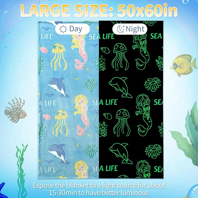 Glow in The Dark Blanket Mermaid Whale Gifts for Girls Boys,Soft Marine Life Blanket 3 4 5 6 7 8 9 10 Year Old Girl Gifts,Toddler Girls Toys Age 6-8,Valentine's Day Birthday Gifts Presents