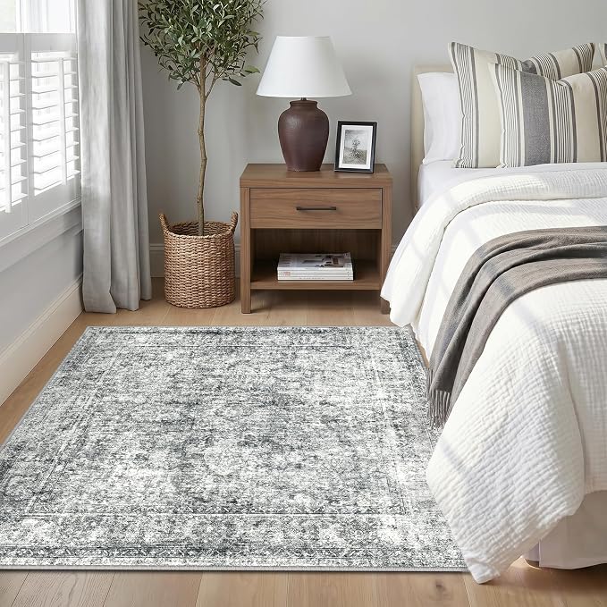 CAPALOCA Square 5ft Washable Nursery Girls Low Pile Area Rug Grey | Non-Slip Soft Rugs for Bedroom Kids Playroom Living Room, Print Pattern Water Repellent Carpet Indoor Decor