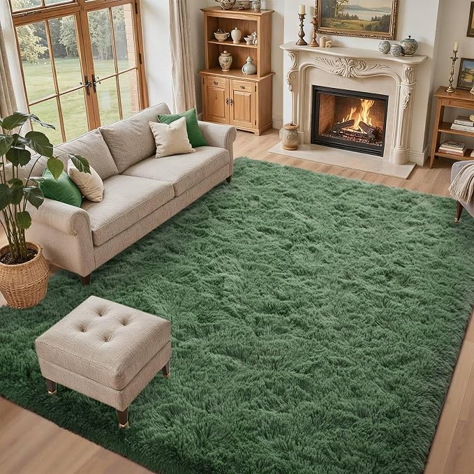 9x12 Area Rugs for Living Room Green Fluffy Shag Rug,Plush Bedroom Grass Carpet for Kids Teens Indoor Classroom Home Decor Aesthetic