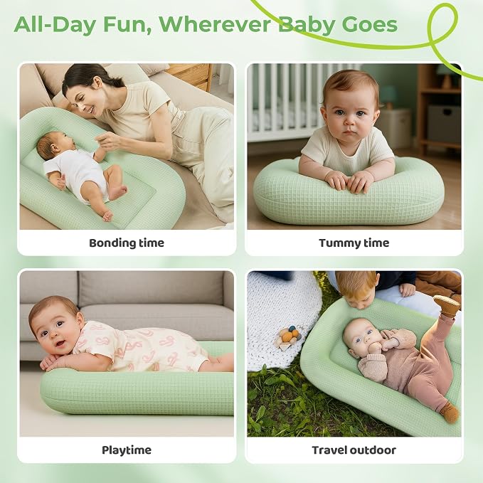 Infant Support Cushion - Baby Support Cushion for Newborn, 0-24 Months, Breathable Cotton Fabric Infant Support Cushion, Portable Newborn Essentials for Home and Travel, Green (Cover Included)