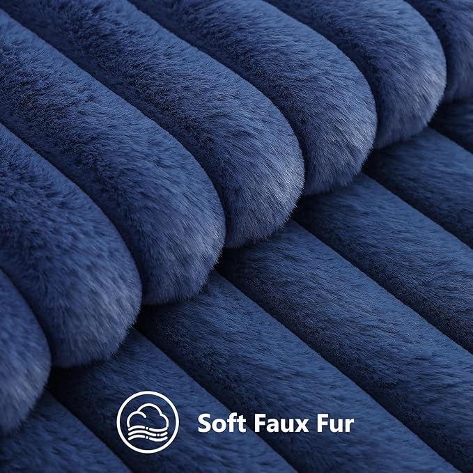 decorUhome Fall Faux Fur Throw Pillow Covers 12x20 Set of 2 Navy Blue | Decorative Soft Cozy Striped Plush Modern Farmhouse Boho Couch Pillow Cases Velvet Back for Sofa Bed Living Room Home Decor