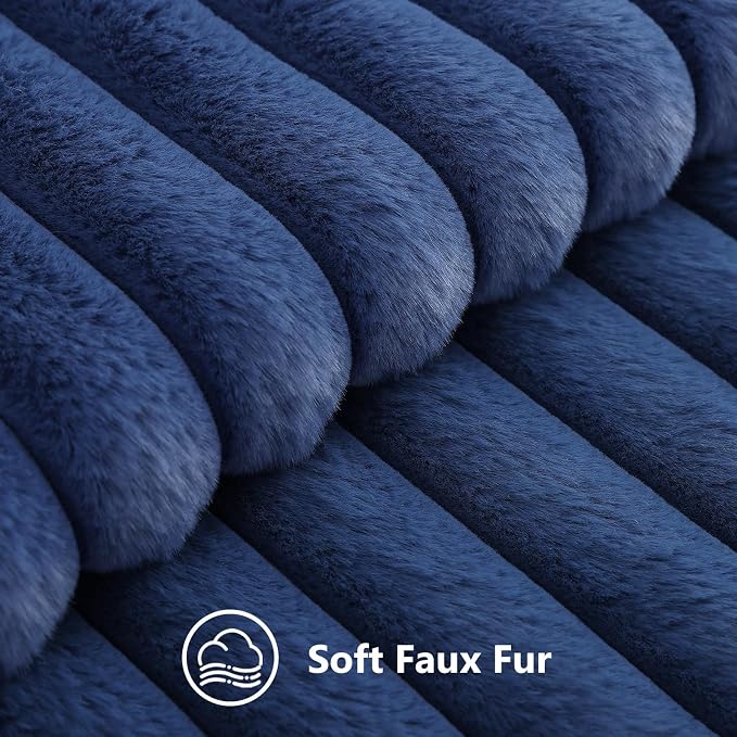 decorUhome Fall Faux Fur Throw Pillow Covers 22x22 Set of 2 Navy Blue | Decorative Soft Cozy Striped Plush Modern Farmhouse Boho Couch Pillow Cases Velvet Back for Sofa Bed Living Room Home Decor