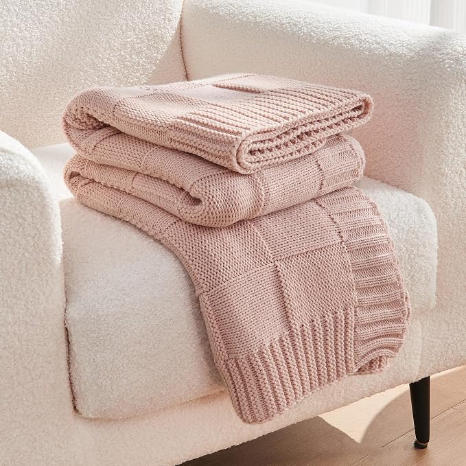CozeCube Pink Knitted Checkered Throw Blanket 50"X60" | Check Knit Throw for Couch, Decorative Christmas Soft Cozy Warm Blanket for Bed Sofa Living Room