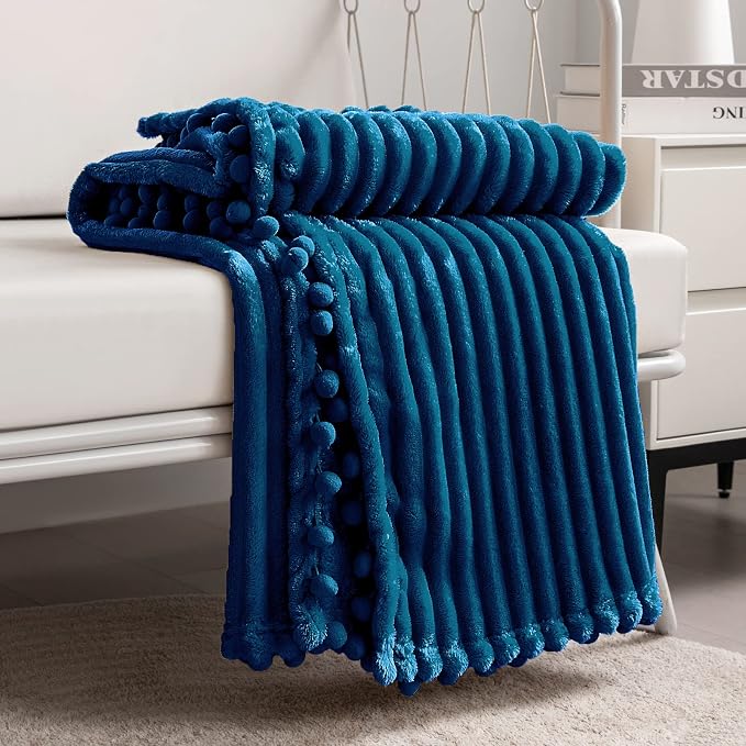 DISSA Fleece Blanket Twin Size – 60x80, Blue - Soft, Plush, Fluffy, Fuzzy, Warm, Cozy – Perfect Throw for Couch, Bed, Sofa - with Pompom Fringe - Flannel Blanket