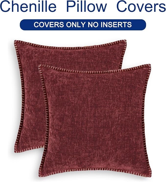 CaliTime Decorative Couch Throw Pillow Covers 16 X 16 Inches Burgundy | Pack of 2, Cozy Chenille Cushion Cases, Cotton Thread Stitching Edges, for Sofa Bed Living Room Farmhouse