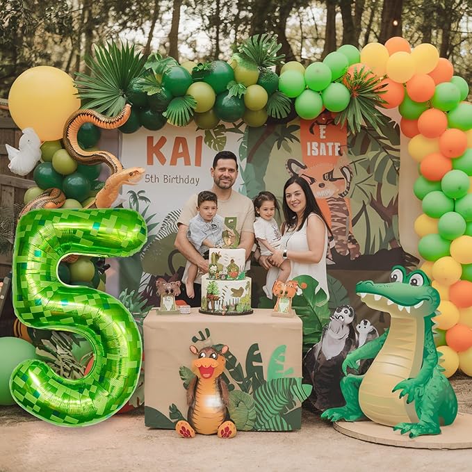 Foil 5 Balloons Number, 40 Inch Dark Kelly Green Pixel Number 5 Balloon for Boys, Big Lime Green Self Inflating 5 Balloon for Kids 5th Birthday Video Game Forest Golf Patrick's Day Party Decorations