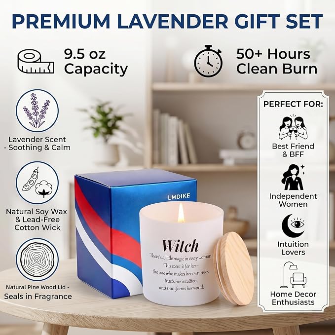Witchy Scented Candles for Women, Funny Spiritual Scented Candles for Best Friend Birthday, Unique Self Care Boss Lady Mentor Present, 9.5oz Matte White Pine Wood Lid, Lavender Aromatherapy