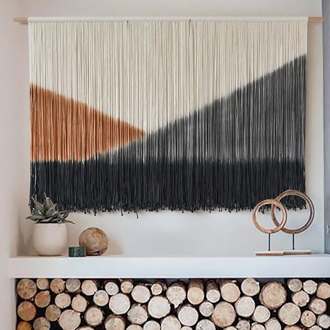 Macrame Wall Hanging Black Dip Dye Boho Wall Art for Living Room 57"W*35"L | Dip Dyed Wall Hanging, Large Wall Art, Handmade Cotton Craft, for Living Room Bedroom Accent, Unique Home Decor