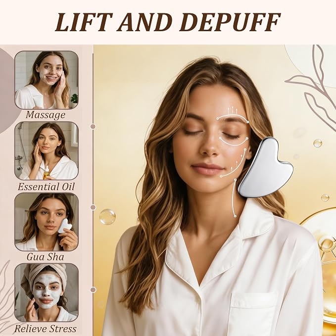 Stainless Steel Muscle Scraper Tool Set, 3-in-1 Gua Sha and Trigger Point Massager with 3mm Smooth Edges to Break Down Scar Tissue and Reduce Face Puffiness for Physical Therapy, Metal Gua Sha Tool