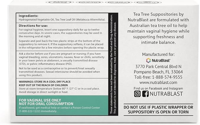 NutraBlast Tea Tree Oil Suppositories (12 Count) | All Natural Intimate Deodorant for Women | Restore Feminine Balance | Made in USA