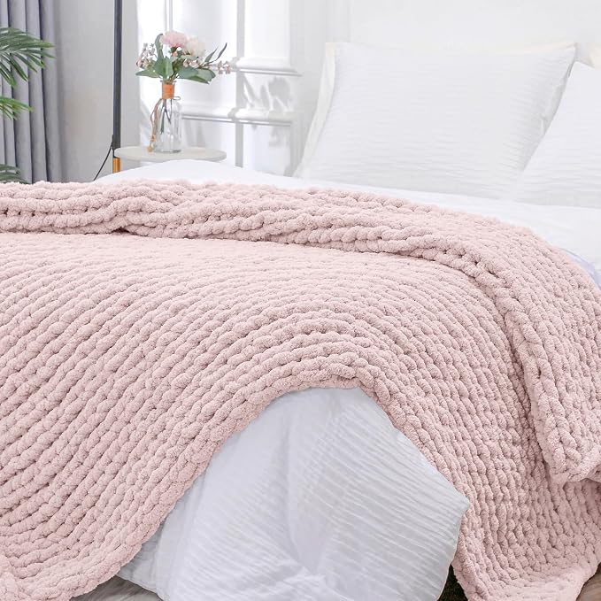 Bigacogo Chunky Knit Throw Blanket for Couch, 40x80 inches, Rose Tan | Hand Knit with Jumbo Chenille, Soft Breathable Cable Knit for Sofa Bed Living Room, Machine Washable, Gift for Mom Friend