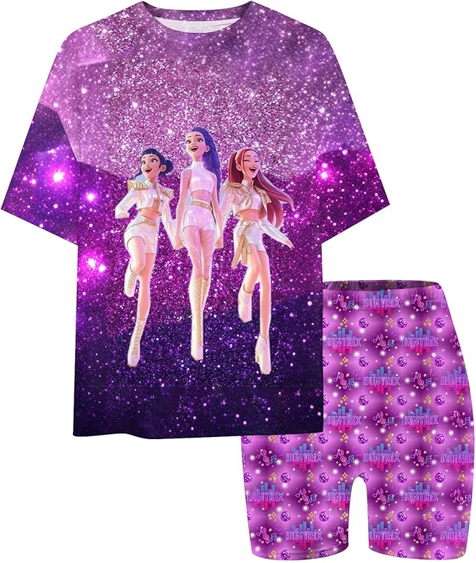 K-POP DEM0N Hunters Outfits for Girls, 2 Piece T-Shirts and Apparel Sets Birthday Gift