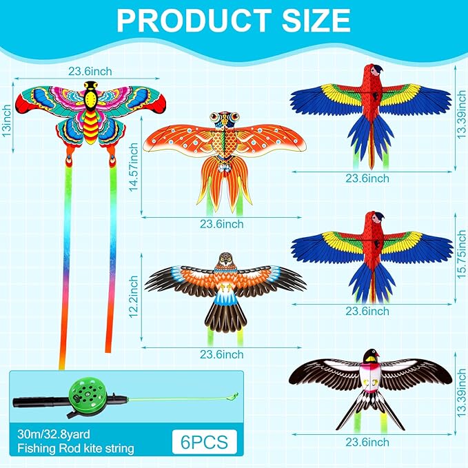Simgoing 6 Pcs Large Fishing Rod Kite for Kid Adults, 23.62 Inch Vivid Butterfly Kite Bulk, Easy to Fly, Swallow Parrot Goldfish Phoenix Kites for Adults Family in Spring Outdoor Beach Team Building