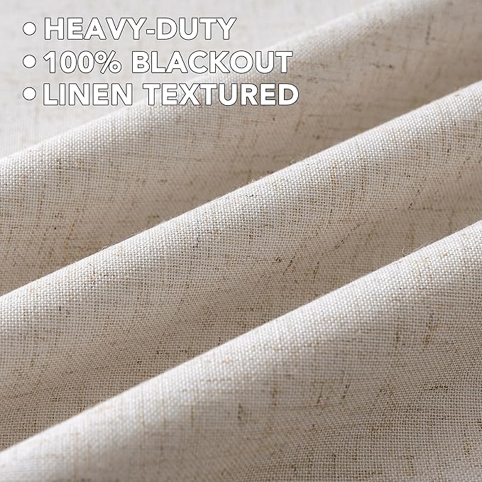 H.VERSAILTEX Linen Curtains 100% Blackout Curtains for Bedroom 120 inch Long Full Light Blocking Nature Linen Blended Window Curtains for Living Room Nickel Grommet (2 Panels, Heathered Natural)