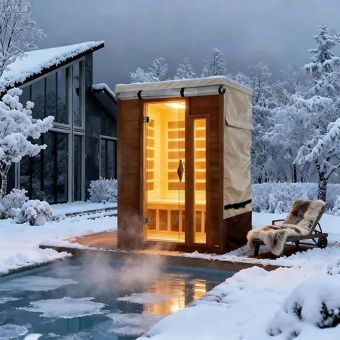 Outdoor Wood Sauna Cover,Sauna Covers with Separate Top Cover for Wood Home Spa Saunas,40" Lx37 Dx73 H with PVC Clear Door Design,Beige&Brown